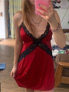 La SENZA Red Satin Chemise with Black Lace Trim